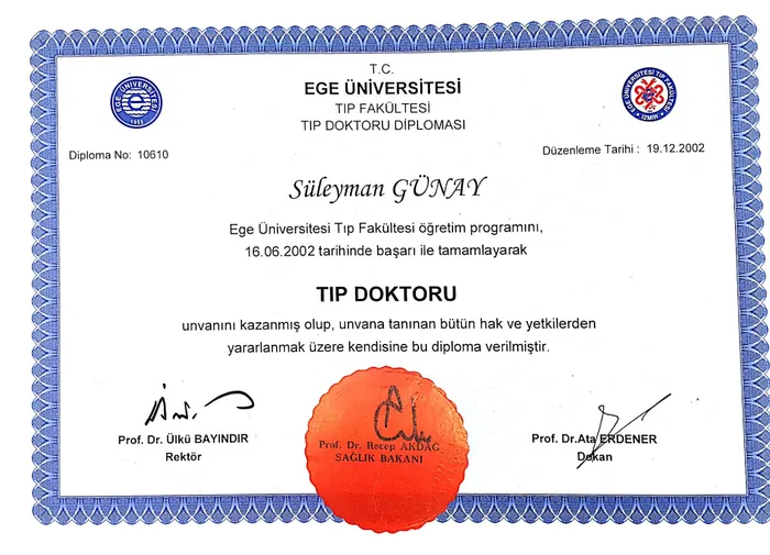 Ege Üniversitesi Tıp Fakültesi tıp doktoru diploması